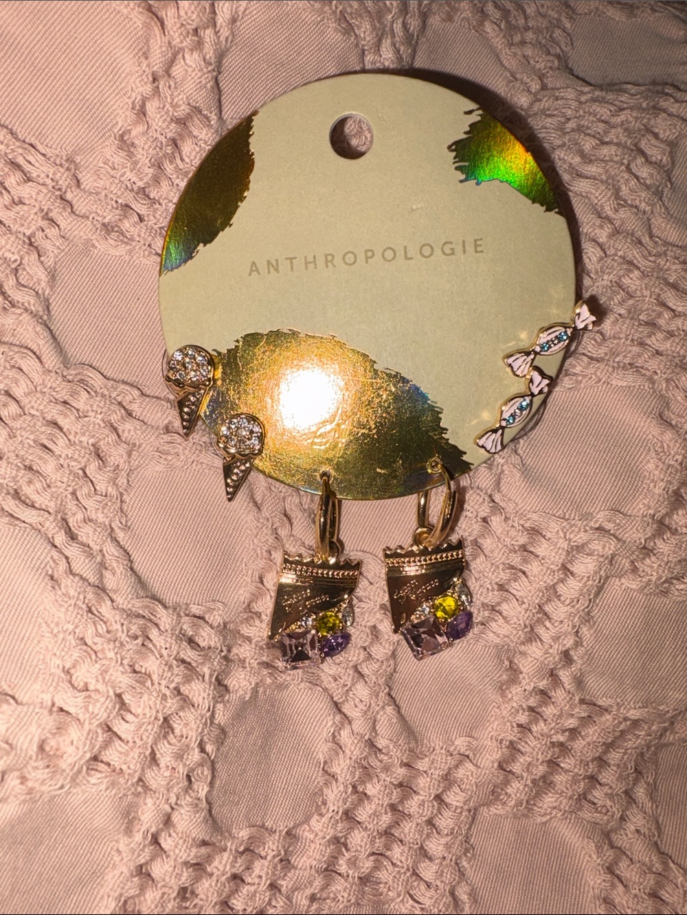 Anthropologie Gold Tone Mixed Crystal Earring ice cream/ sweets set 3 pair nwt